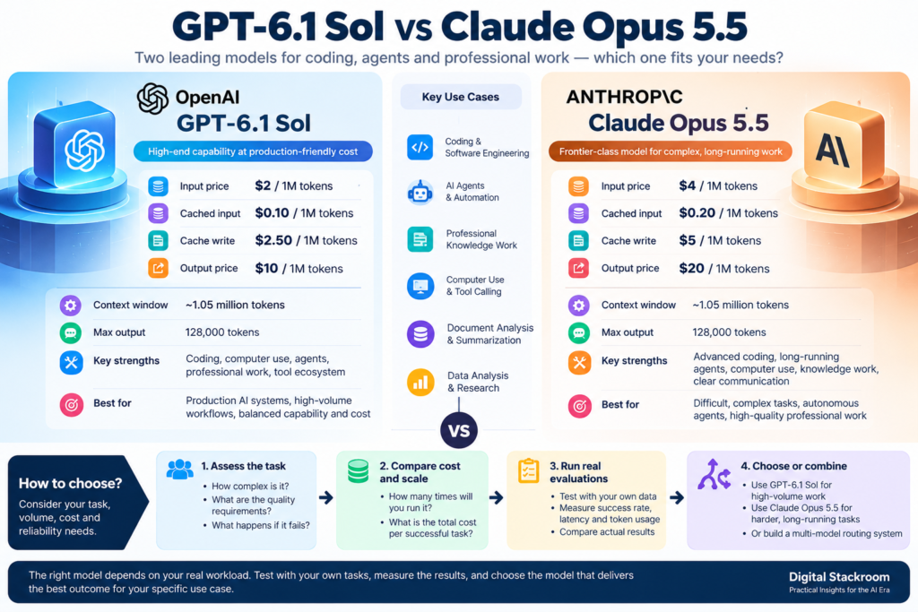 GPT-6.1 Sol vs Claude Opus 5.5 comparison infographic showing pricing, context window, strengths, use cases, and a practical model-selection framework for coding and AI agents.