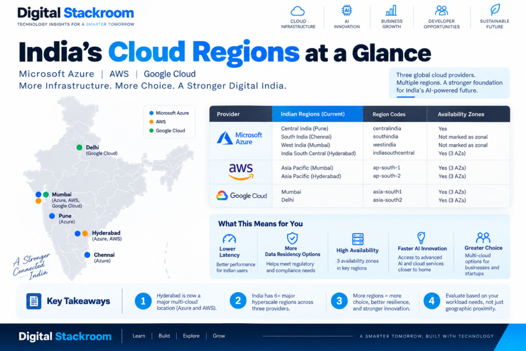 India cloud regions comparison showing Microsoft Azure, AWS, and Google Cloud regions across Hyderabad, Mumbai, Pune, Chennai, and Delhi.