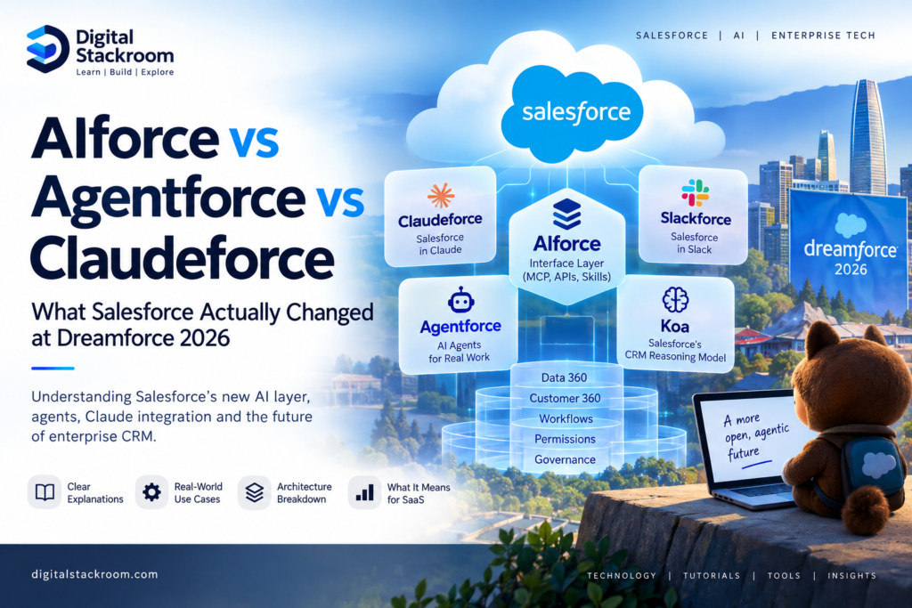 AIforce vs Agentforce vs Claudeforce comparison showing Salesforce AI products announced around Dreamforce 2026.