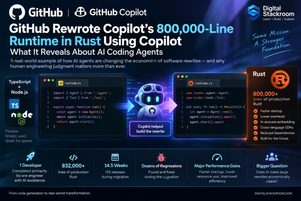 GitHub Copilot Rust rewrite showing the migration from TypeScript and Node.js to more than 800,000 lines of production Rust using AI coding agents.