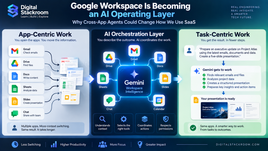 Google Workspace agentic AI showing the shift from app-centric work across Gmail, Drive, Docs, Sheets, Slides and Chat to task-centric work coordinated by Gemini.