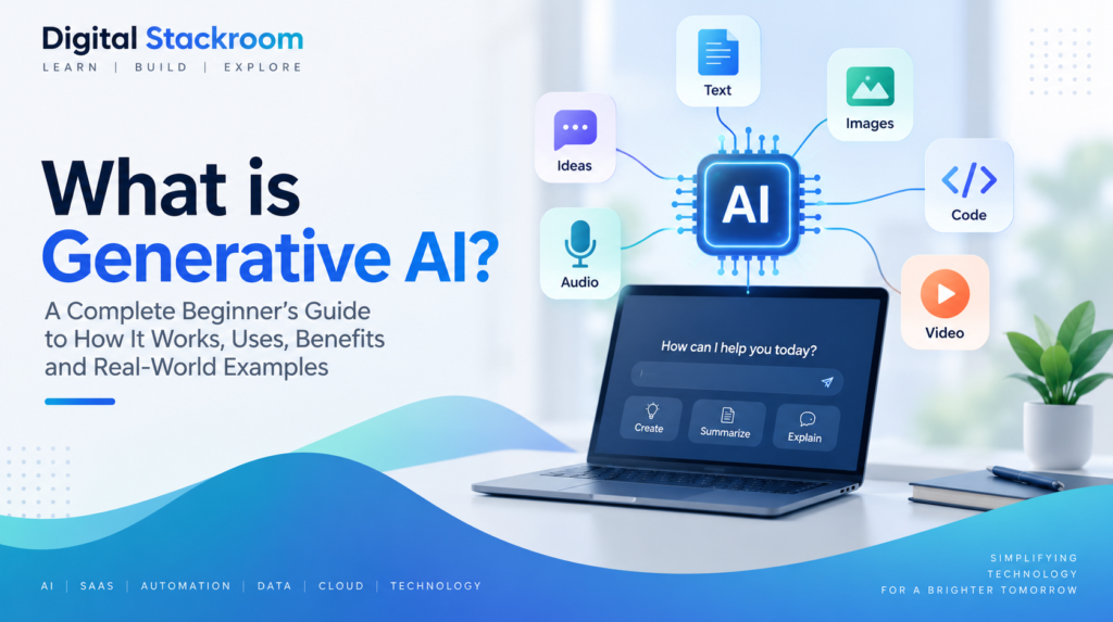 What is generative AI illustration showing text, images, audio, video, code, and an AI assistant.