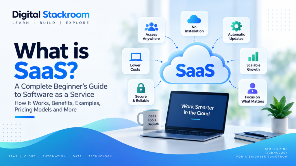 What is SaaS illustration showing cloud software, automatic updates, scalability, security, and online access.