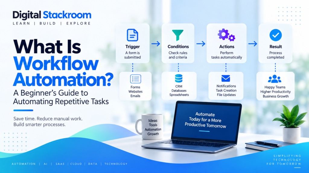 What is workflow automation illustration showing triggers, conditions, automated actions, and results.