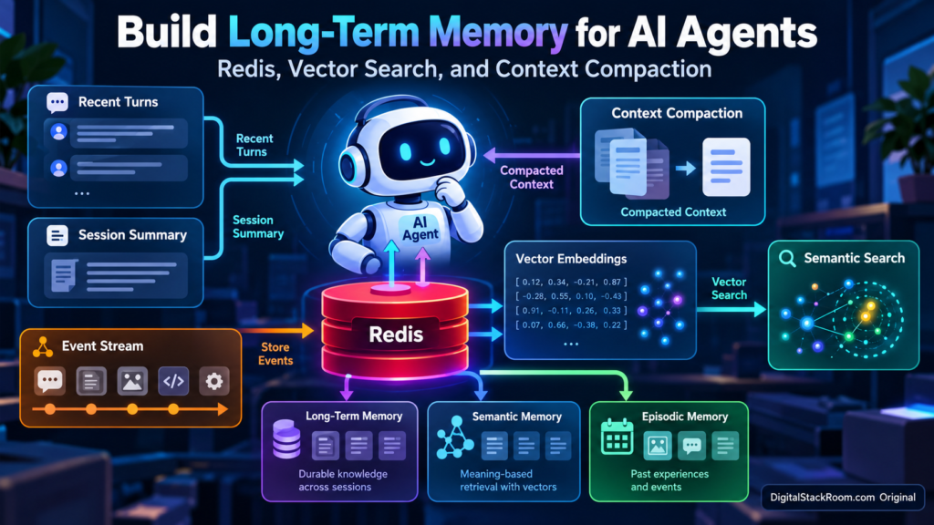 AI agent memory architecture using Redis, vector embeddings, semantic search, context compaction, recent turns, session summaries, and long-term episodic memory.