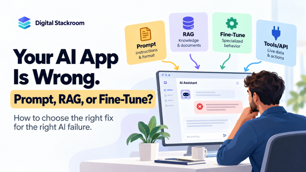 AI architecture infographic comparing prompt engineering, RAG, fine-tuning, and tools or APIs as different fixes for instructions, knowledge, specialized behavior, and live data or actions.