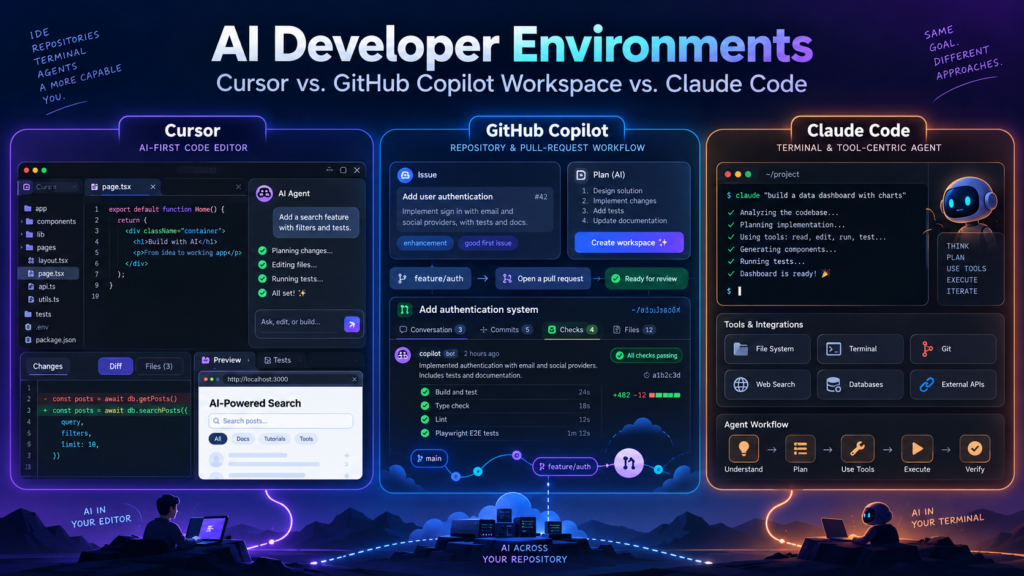 Cursor vs GitHub Copilot vs Claude Code comparison showing AI coding workflows across editors, repositories, terminals, agents, testing, and pull requests.