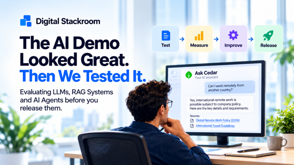 Person reviewing an AI assistant with a simplified Test, Measure, Improve, and Release evaluation workflow for LLMs, RAG systems, and AI agents.