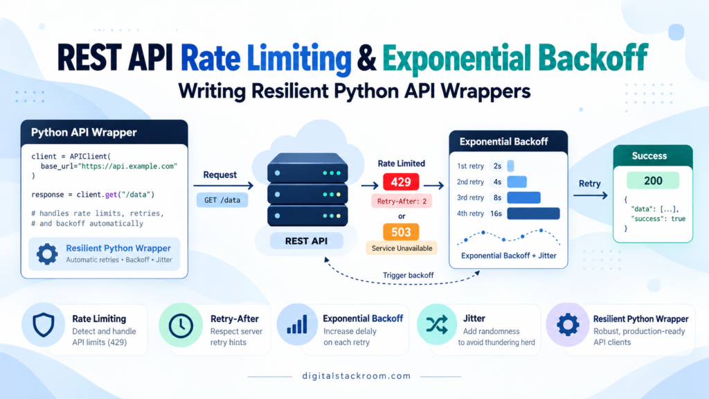 Digital Stackroom infographic showing a resilient Python API wrapper handling HTTP 429 rate limits and 503 errors with Retry-After, exponential backoff, jitter, and successful retries.