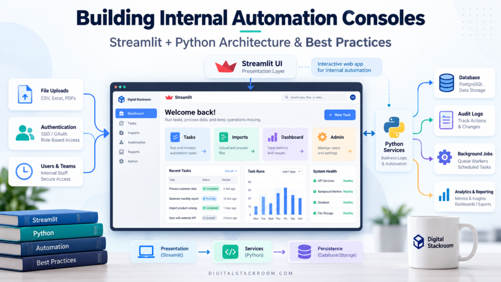 Digital Stackroom infographic showing a Streamlit and Python internal automation console with authentication, file uploads, tasks, dashboards, admin controls, databases, audit logs, background jobs, and analytics.