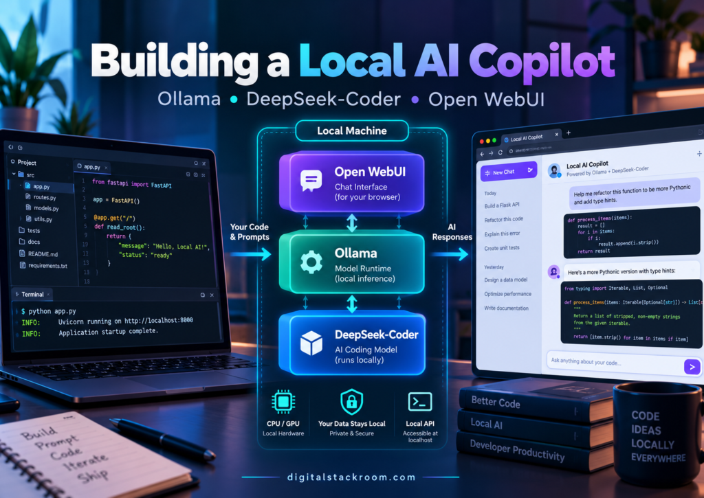 Local AI copilot using Ollama, DeepSeek-Coder, and Open WebUI with local inference, browser chat, code assistance, and private CPU or GPU execution.