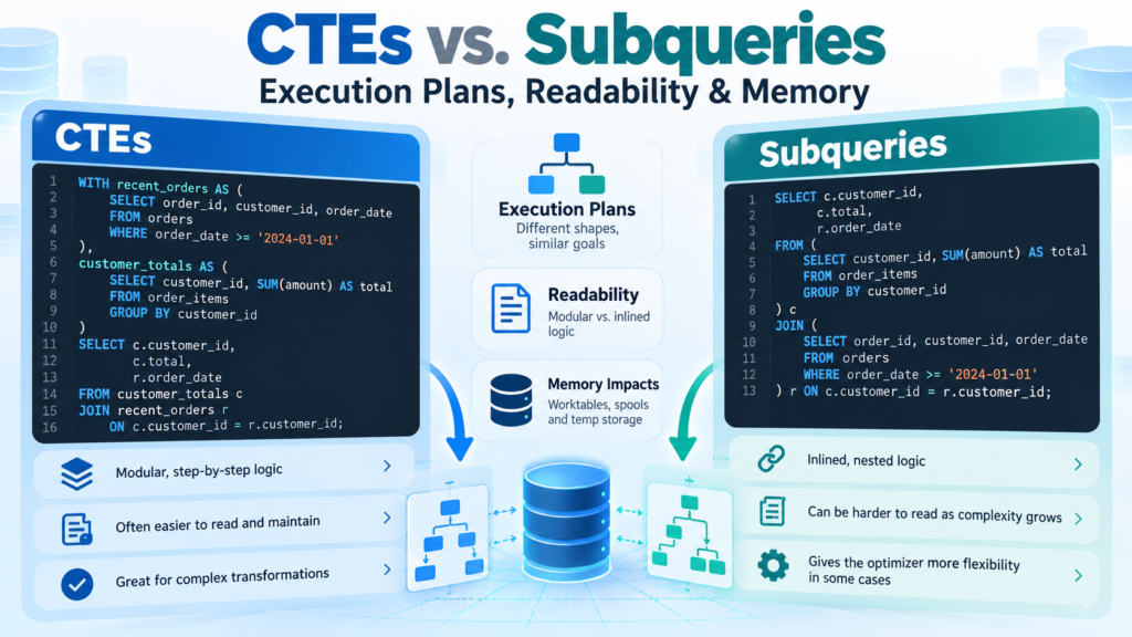 SQL CTEs vs subqueries infographic comparing execution plans, readability, optimizer behavior, and memory impacts in complex analytical queries.