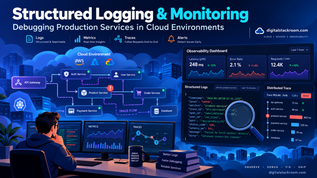 Structured logging and monitoring for cloud services showing logs, metrics, traces, alerts, dashboards, and distributed tracing across production microservices.