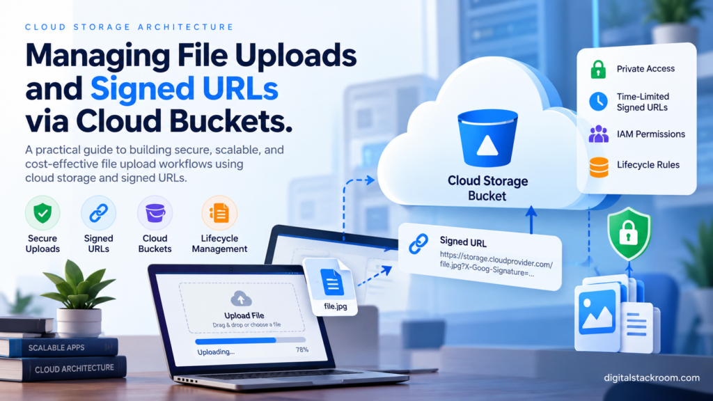 Cloud Storage architecture showing secure file uploads, signed URLs, private cloud buckets, IAM permissions, and lifecycle management.