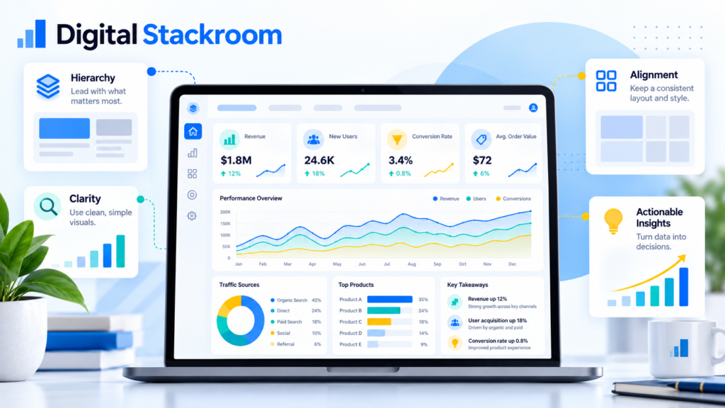 Digital Stackroom executive dashboard infographic showing hierarchy, clarity, alignment, KPI cards, trend charts, and actionable insights for Looker Studio dashboard design.