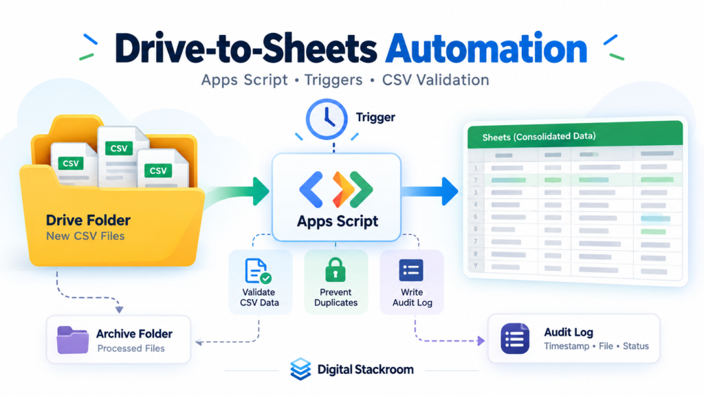 Digital Stackroom infographic showing Google Apps Script automating CSV transfers from a Drive folder to Google Sheets using scheduled triggers, validation, duplicate prevention, audit logging, and file archiving.