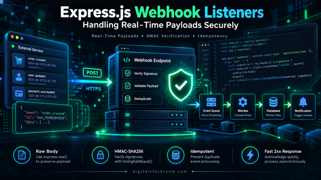 Express.js webhook listener architecture showing secure real-time payload handling, HMAC verification, deduplication, event queues, and asynchronous processing.