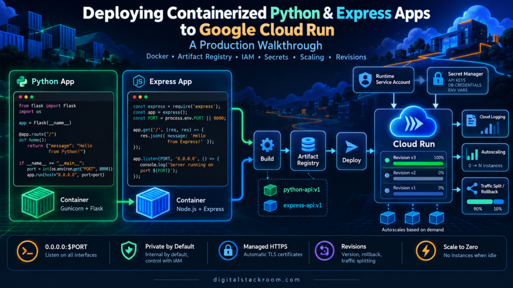 Deploying containerized Python and Express apps to Google Cloud Run using Docker, Artifact Registry, IAM, Secret Manager, autoscaling, and revisions.