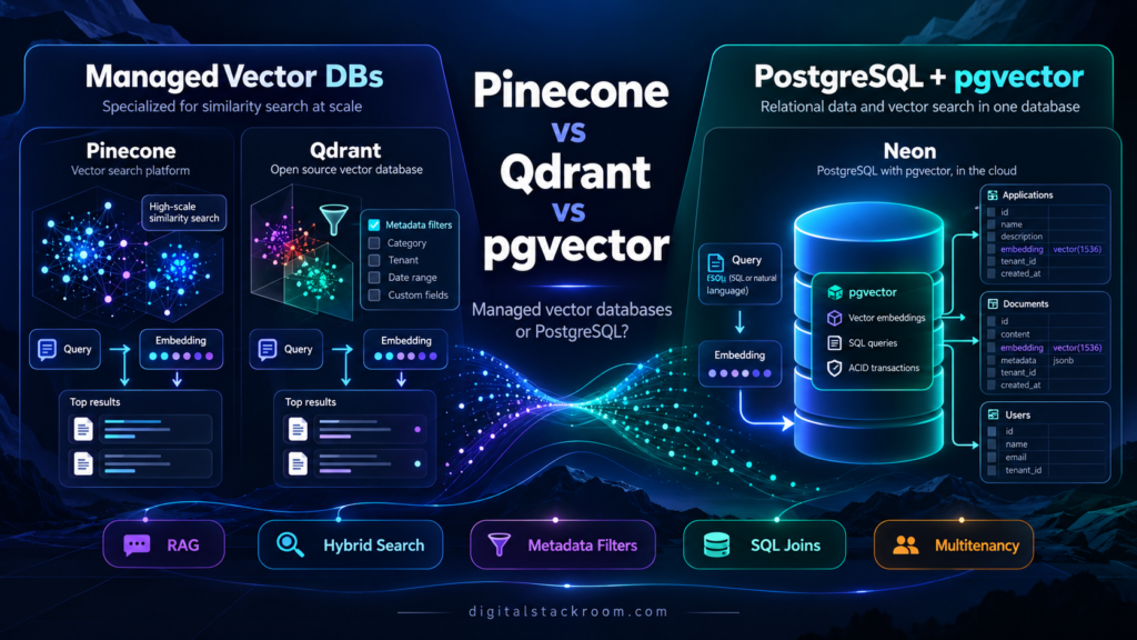 Pinecone vs Qdrant vs pgvector comparison showing managed vector databases, PostgreSQL vector search, metadata filtering, RAG, SQL joins, and multitenancy.