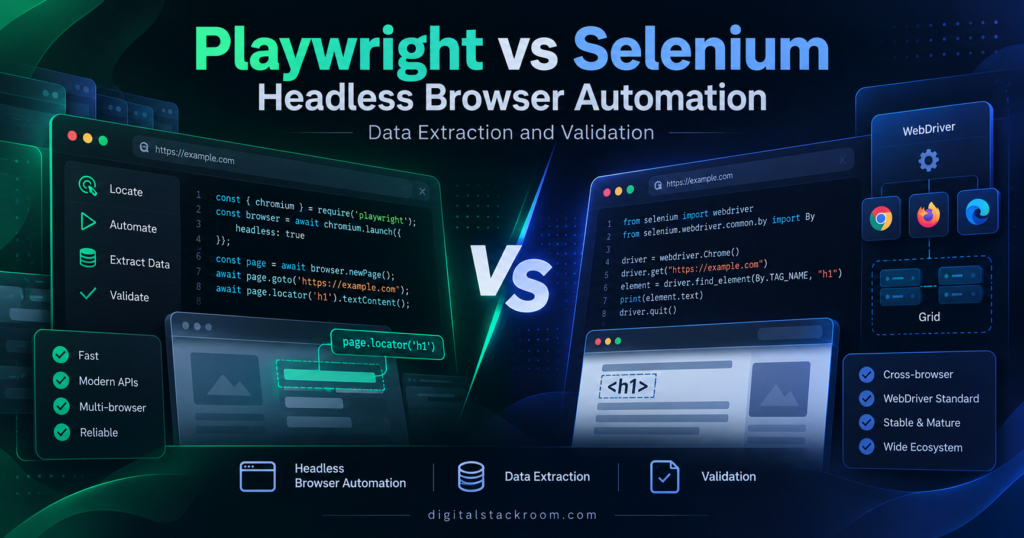 Playwright vs Selenium comparison for headless browser automation, data extraction, and web validation.