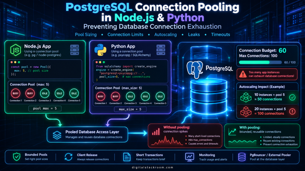 PostgreSQL connection pooling in Node.js and Python showing bounded pools, autoscaling connection limits, reusable database connections, and PgBouncer.