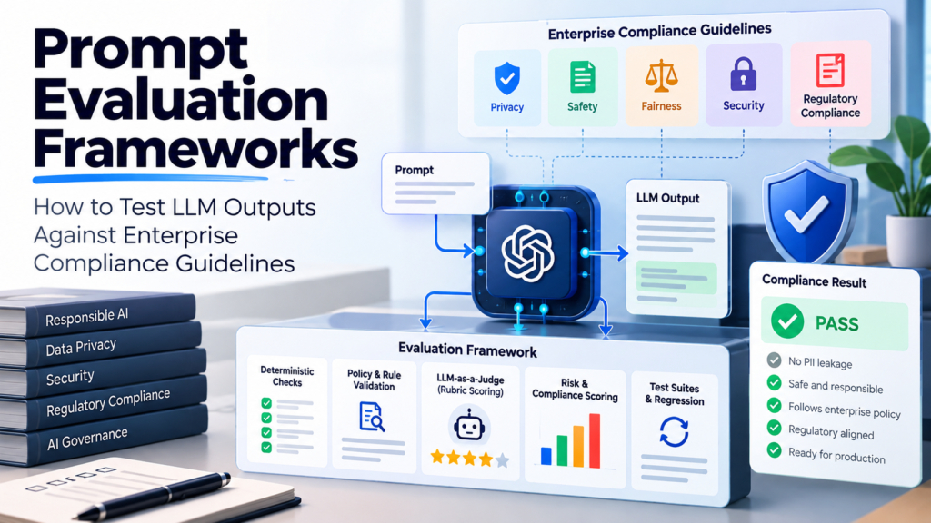 Digital Stackroom infographic showing an enterprise prompt evaluation framework with privacy, safety, fairness, security, policy checks, LLM-as-a-judge scoring, regression testing, and compliance results.