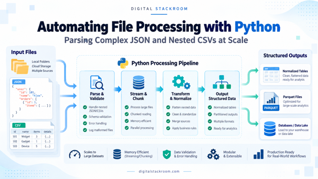 Digital Stackroom infographic showing a Python file-processing pipeline that parses JSON and CSV files, validates schemas, streams and chunks large datasets, normalizes nested data, and writes structured Parquet or database-ready outputs.