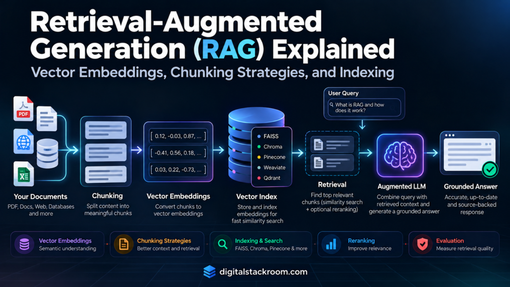 Digital Stackroom infographic explaining Retrieval-Augmented Generation with document chunking, vector embeddings, vector indexing, retrieval, reranking, an augmented LLM, and a grounded answer