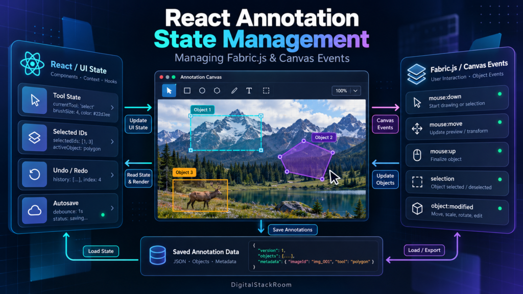 React annotation state management with Fabric.js canvas events, selection, autosave, undo/redo, object updates, and saved annotation data.