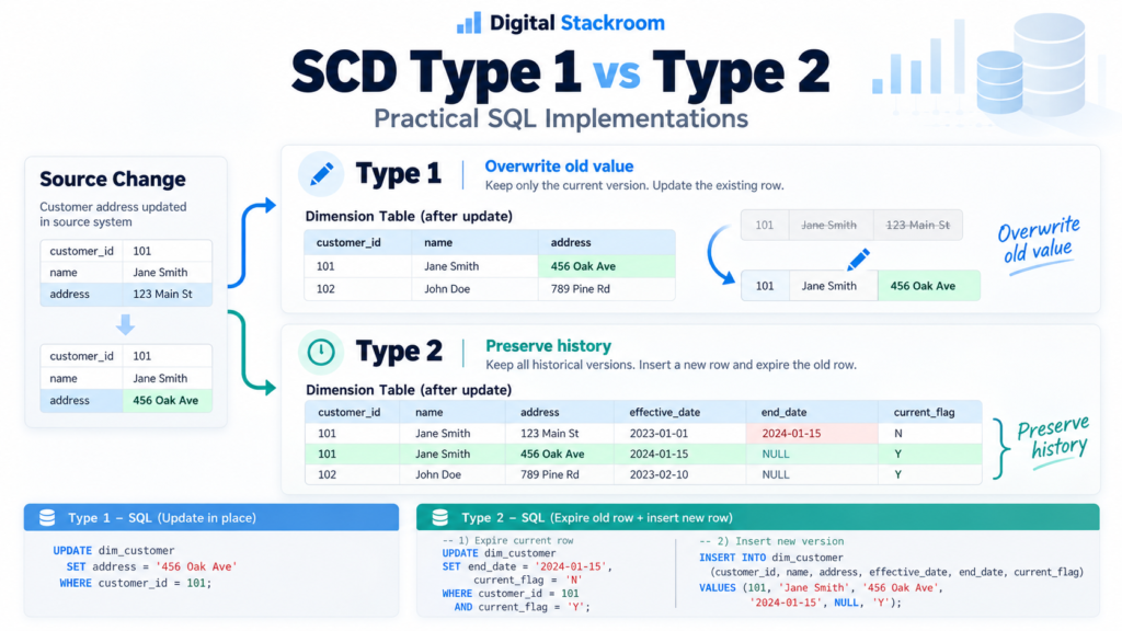 Digital Stackroom infographic comparing Slowly Changing Dimension Type 1 and Type 2, showing overwrite-in-place updates versus history-preserving rows with effective dates and current flags.