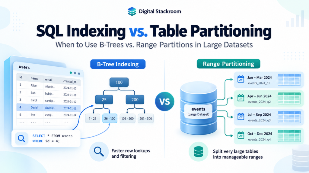 SQL indexing vs table partitioning infographic comparing B-tree indexes for faster row lookups with range partitioning for splitting large datasets into manageable date-based partitions.