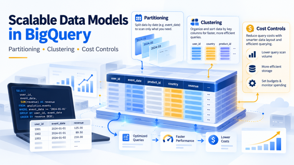 Google BigQuery data modeling infographic showing table partitioning, clustering, optimized SQL queries, and cost controls for scalable analytics workloads.