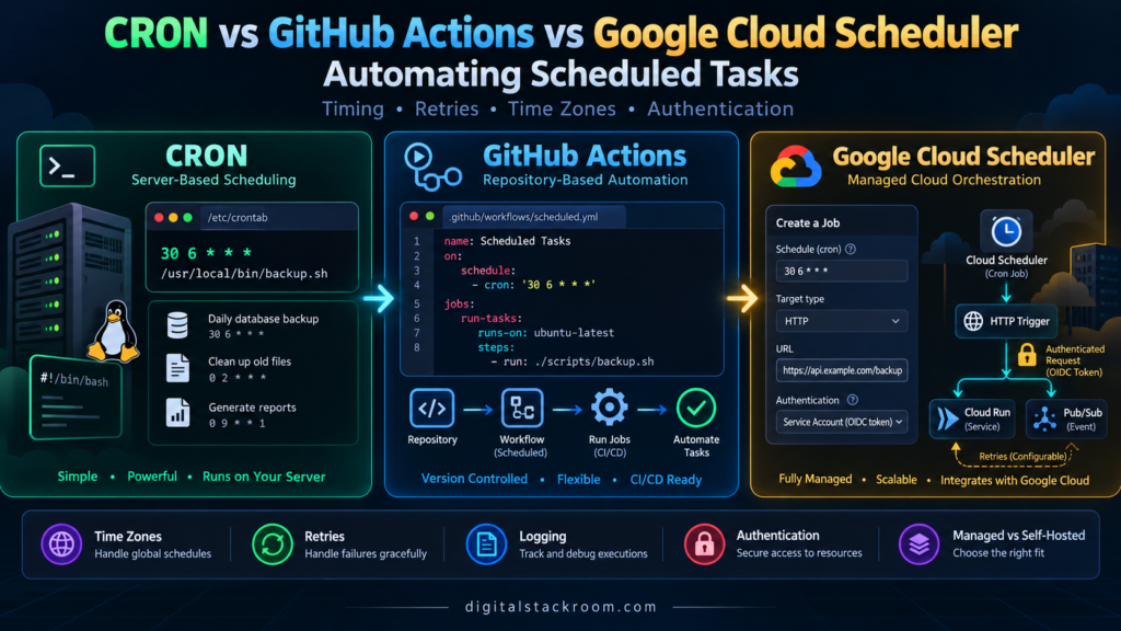 CRON vs GitHub Actions vs Google Cloud Scheduler comparison for automating scheduled tasks, retries, time zones, logging, and authentication.