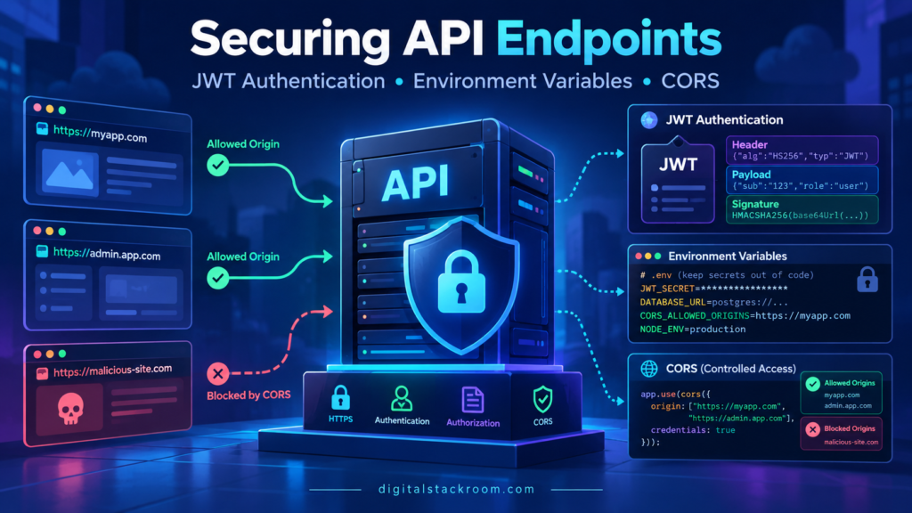 Securing API endpoints with JWT authentication, environment variables, HTTPS, authorization, and controlled CORS access.