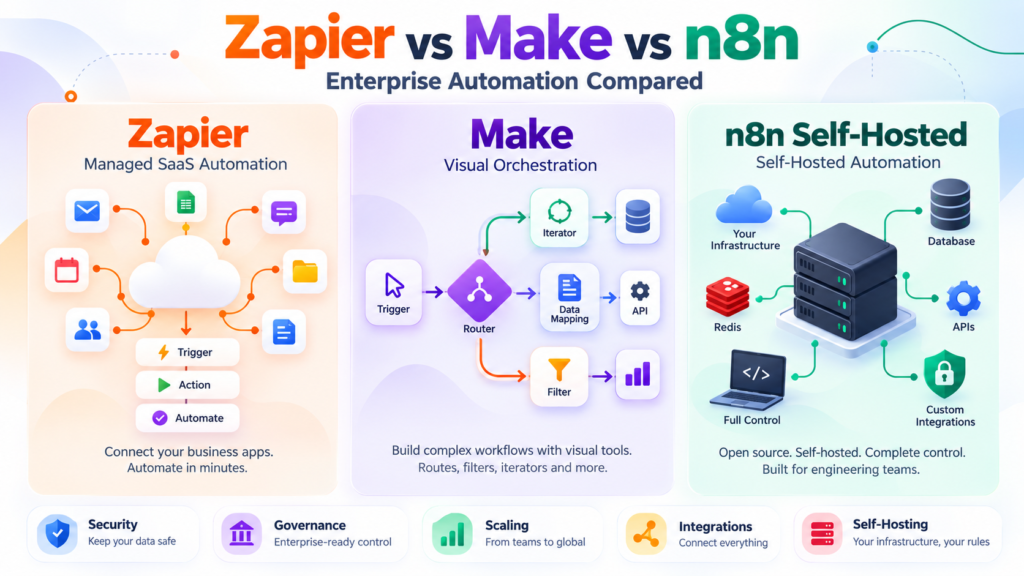 Zapier vs Make vs n8n self-hosted comparison showing managed SaaS automation, visual orchestration, integrations, governance, scaling, and self-hosted infrastructure.
